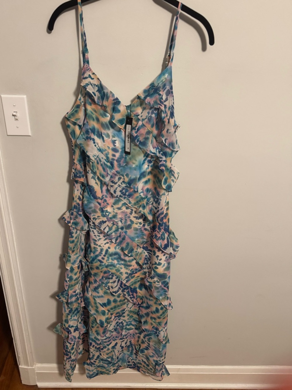 Steve Madden Teal Blue Pink Ruffle Slip Maxi Dress